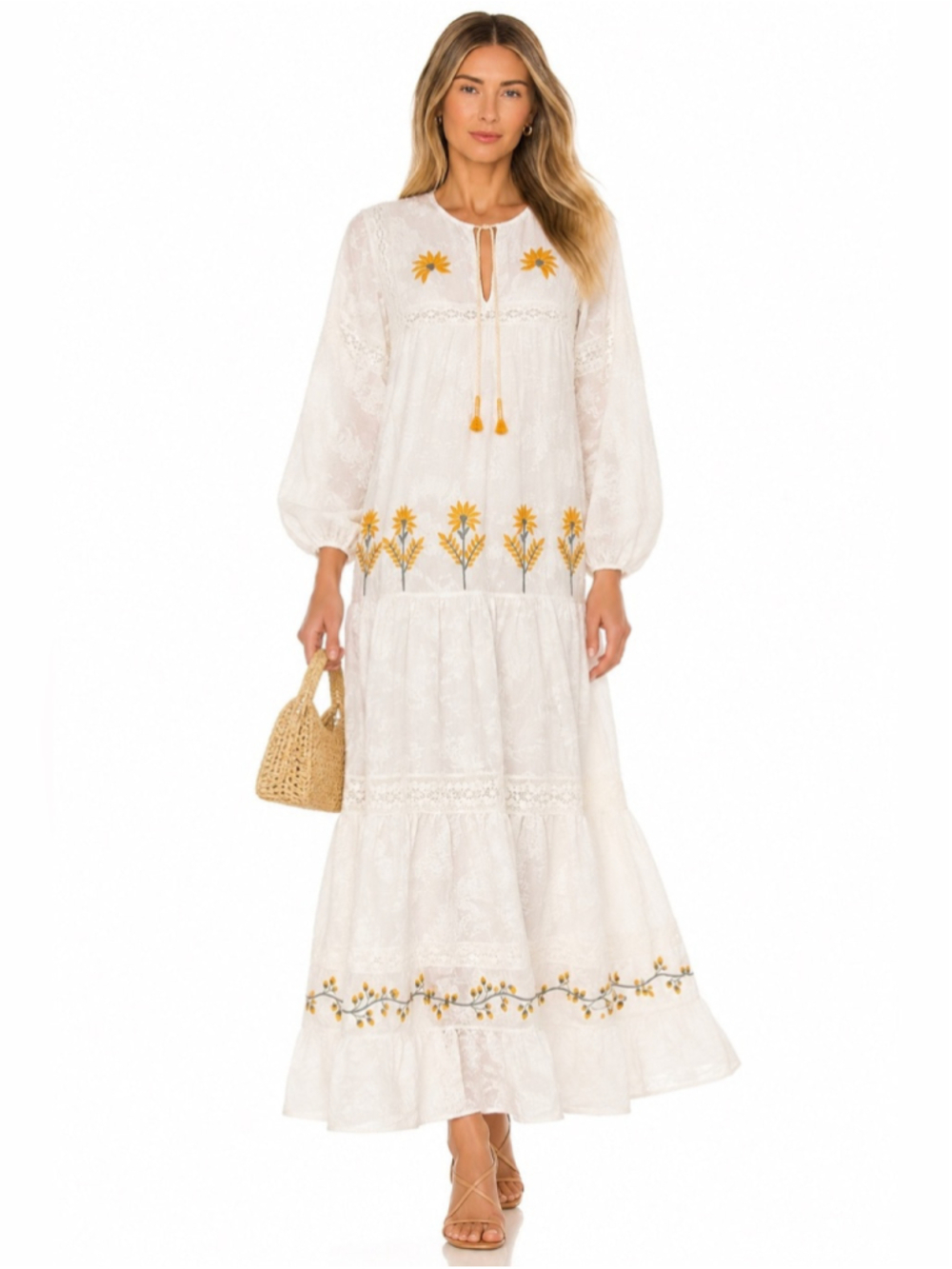 Zara Embroidered Floral White Maxi Dress XS Boho Lace Tiered